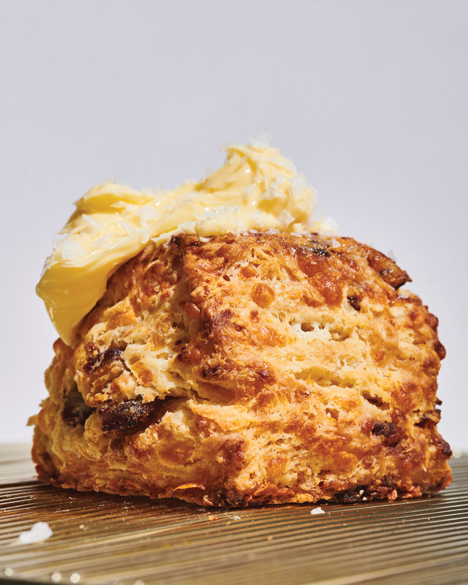Salty date and cheddar scone with flaky salt and butter.