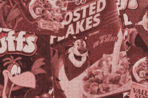 Edited collage of kid's cereal boxes; Frosted Flakes, Coco Puffs, and Fruit Loops. The image has a red tint over it and has a dotted texture applied to it.