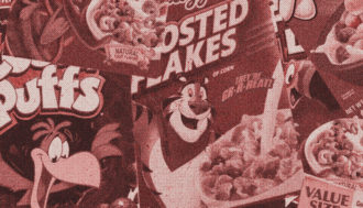 Edited collage of kid's cereal boxes; Frosted Flakes, Coco Puffs, and Fruit Loops. The image has a red tint over it and has a dotted texture applied to it.