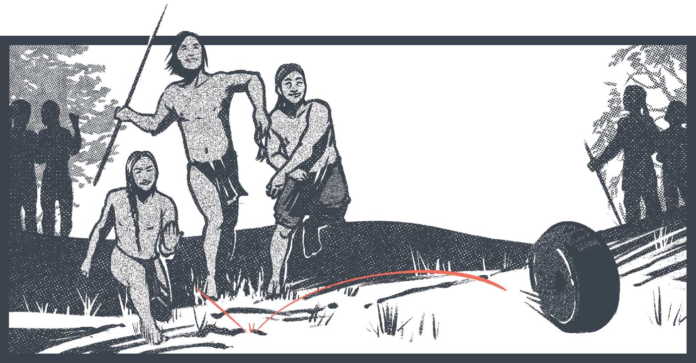 Illustration of native american boys playing a game called chunkey. Three boys in the foreground throw spears at a rolling stone in the grass