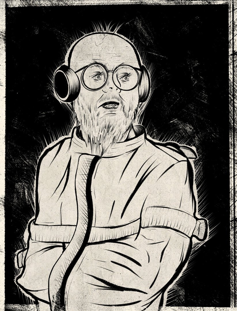 Sketchy illustration of a bald man with a shaggy beard sitting in a straight jacket. He has a pair of earmuffs over his head and is wearing large circular glasses.