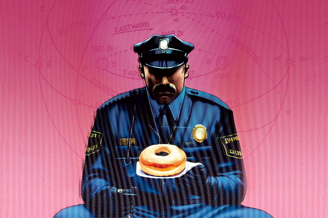 Illustration of a police office in a blue uniform holding a large donut on a napkin in his hand. The background is a hot pink color covered in a celestial solar system chart that shows planets moving around astronomy terms.