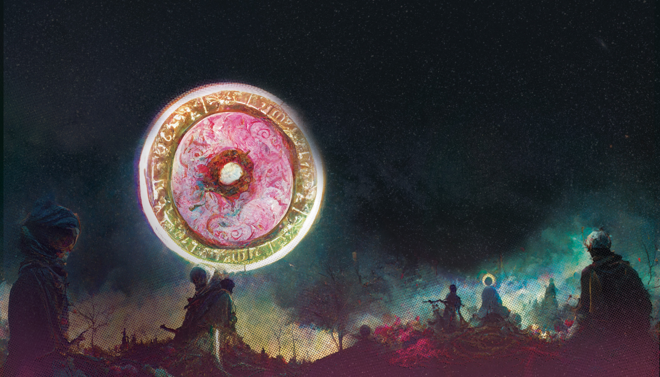 Disoriented, apocalyptic-like illustration of large human-like figures, a scorched landscape and a large floating donut. The background is comprised of bare trees and small mounds. A large pink donut with a golden rim covered in abstract lines floats overhead in the sky. The dark blue and black background is covered in clouds and smoke.