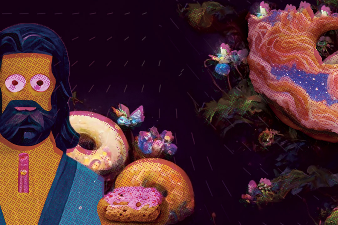Disorienting illustration of Homer Simpson dressed as Jesus with a pile of donuts behind him. In the top corner there is a donut covered in icing thats been artistically iced with colorful swirls and twirls. Colorful, abstract flowers decorate the background of the image against a dark black color.