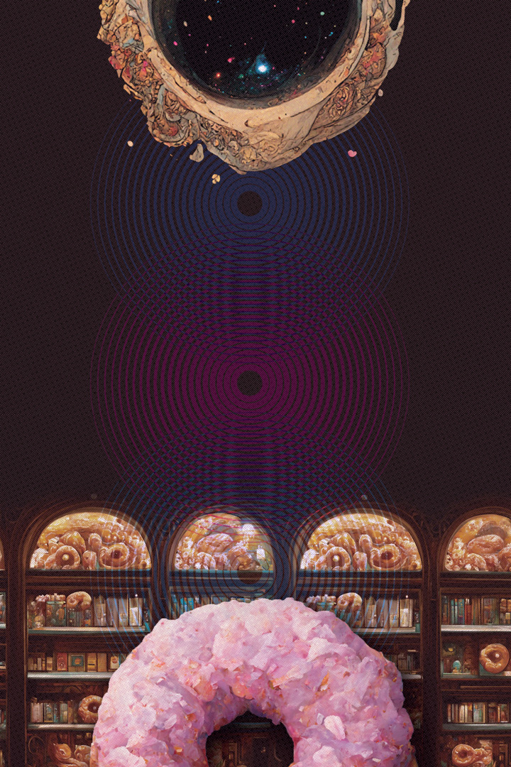 Disorienting illustration of a library book shelf filled with colorful books and donuts all squished together. There's a large donut the size of the bookshelves propped in front and is covered in pink crystals instead of icing. At the top of the illustration there is an illustrated rock portal that has small chunks flying off of it and has specks of colored stars inside of it.