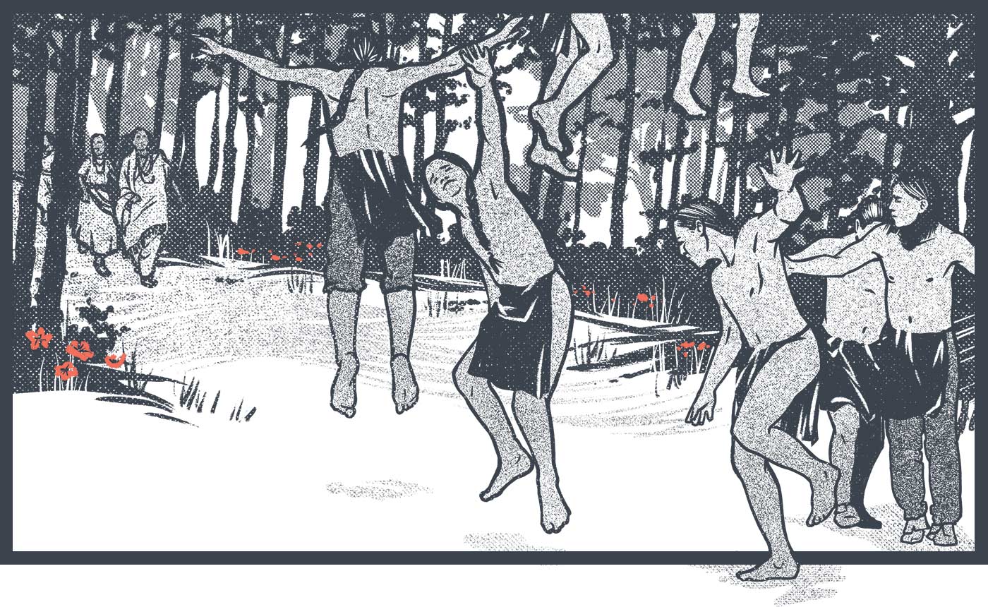 Illustration of boys performing the eagle dance in the woods and slowly lifting into the sky. In the background their mothers are running toward the boys.