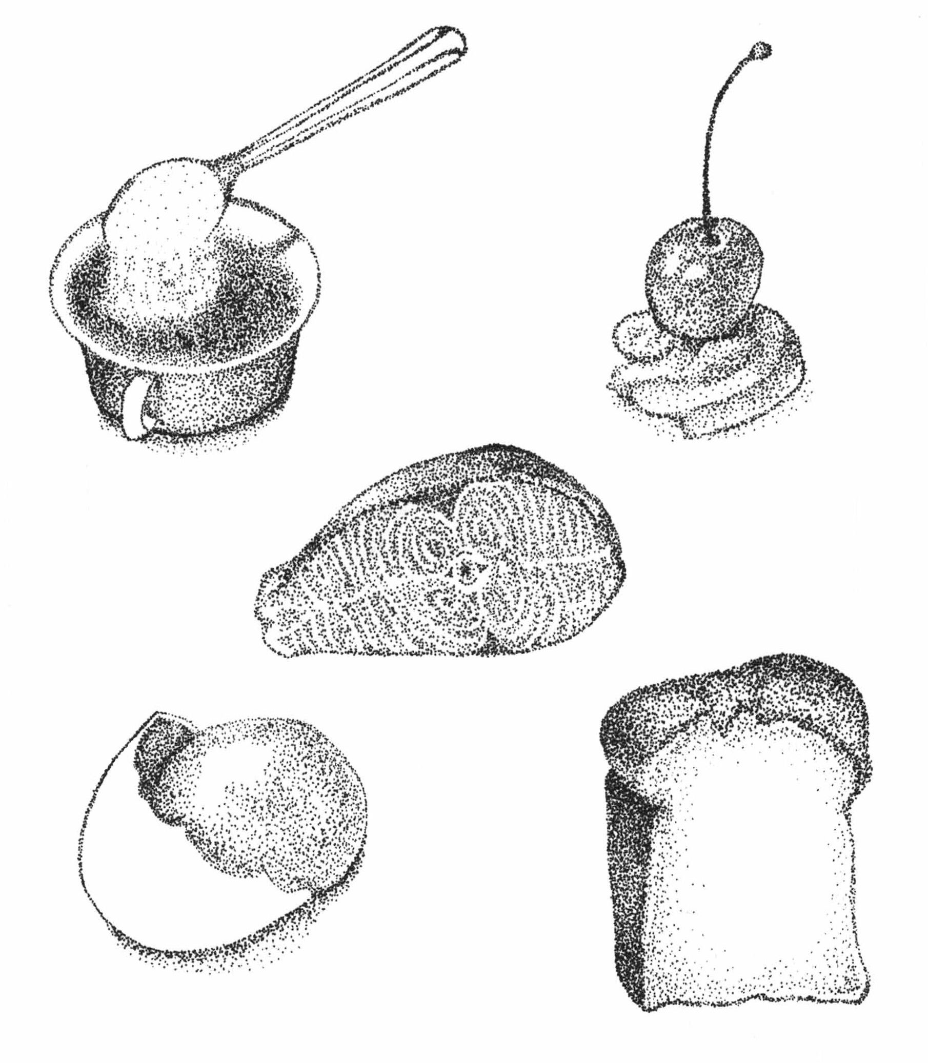A collection of black and white tattoo sketches drawn using small dots instead of lines. A small tea cup full of tea with a teaspoon dumping sugar into the cup is in the upper right corner. A stemmed cherry sitting on top of a pile of whipped cream is in the upper right corner. The cross-section of a pear lying on its side is in the center. An egg yolk resting in half of a cracked egg shell is in the bottom left corner. A thick slice of bread from a sandwich loaf is standing upright in the bottom right corner. 