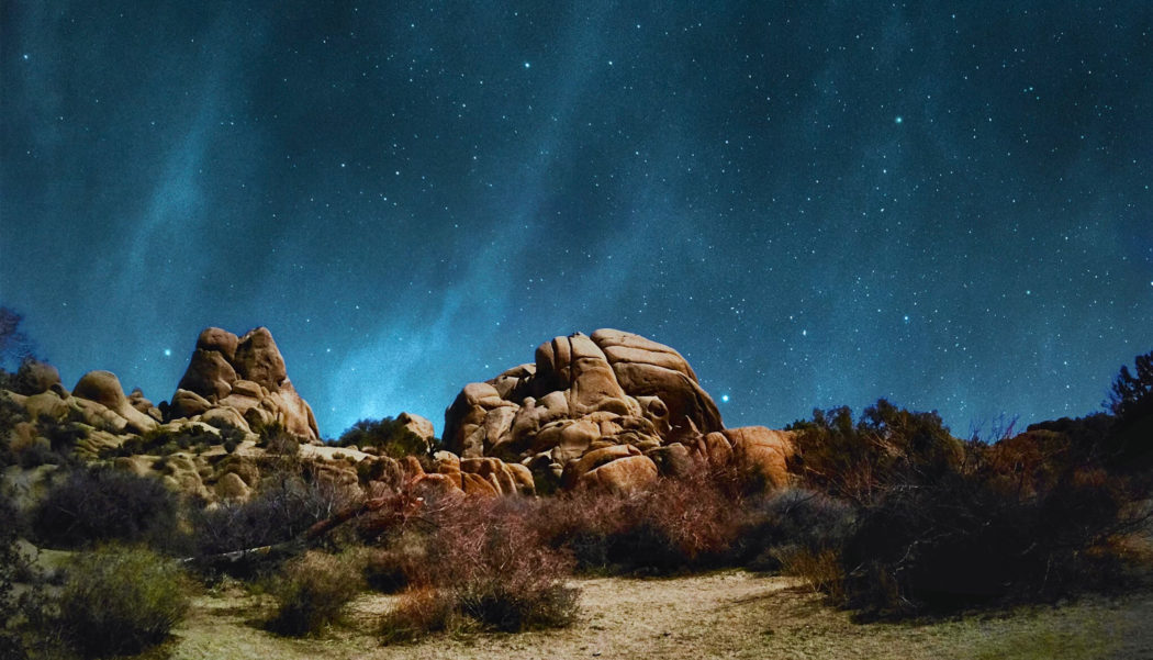 Joshua Tree National Park at night, the sky is a deep blue color and is full of stars. There are boulders with soft, rounded rocks pushed together and small trees in front of them.