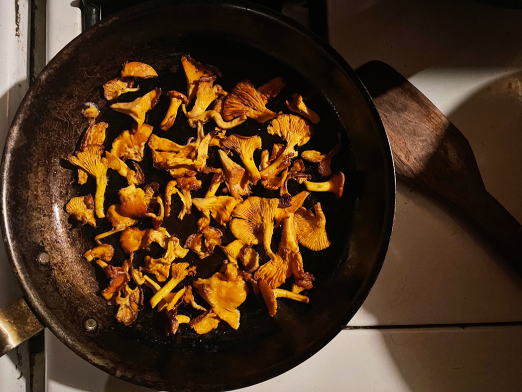 Image of a frying pan skillet filled with freshly cooked wild chanterelles mushrooms resting on a white wooden table with a brown wooden spoon set to the side.
