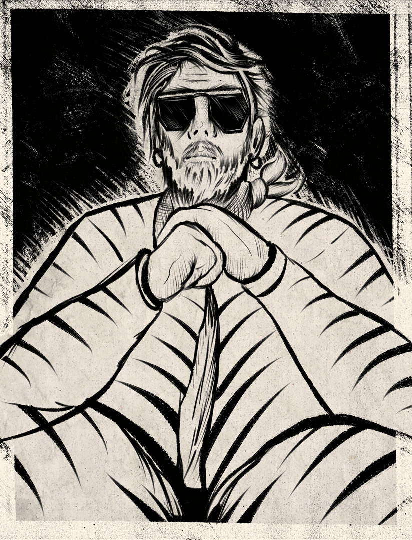 Sketchy illustration of a man in a tiger-striped outfit, neck bandana, and sunglasses sits holding his hands together with his elbows propped on his knees.