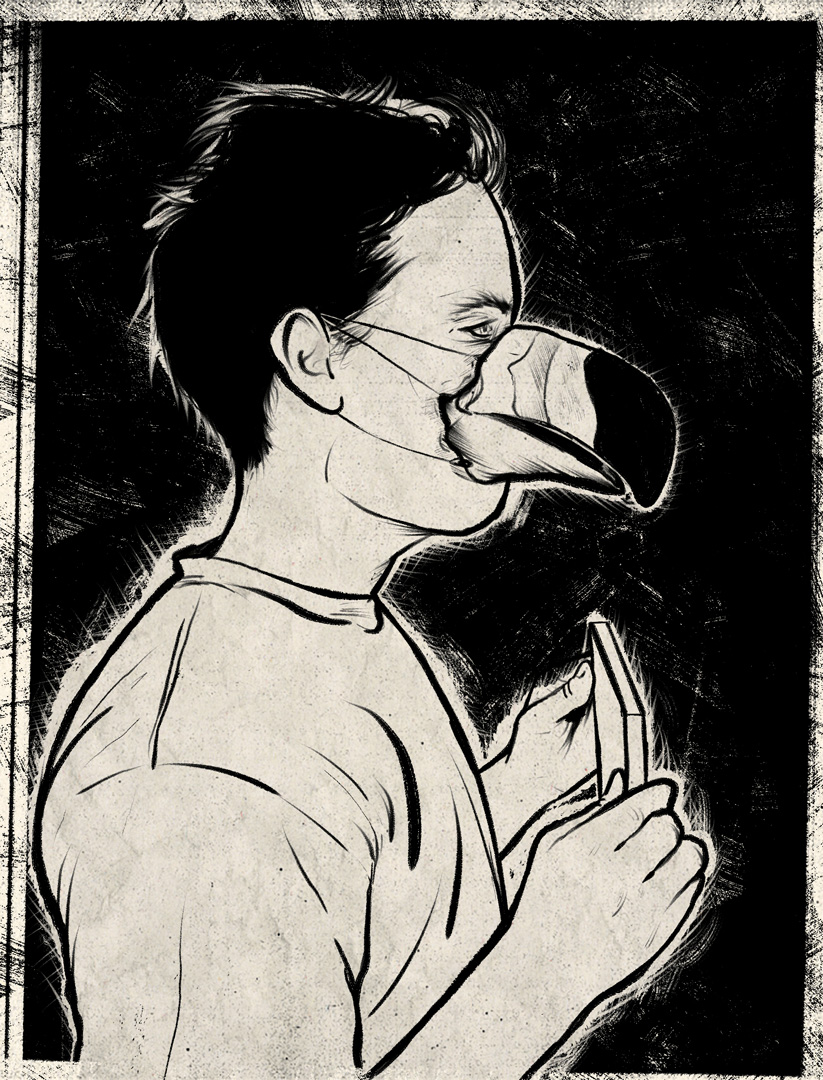 Sketchy illustration of a short-haired man wearing a toucan beak mask strapped to his face, covering his nose and mouth. He's wearing a plain t-shirt and is holding up a rectangular plaque.