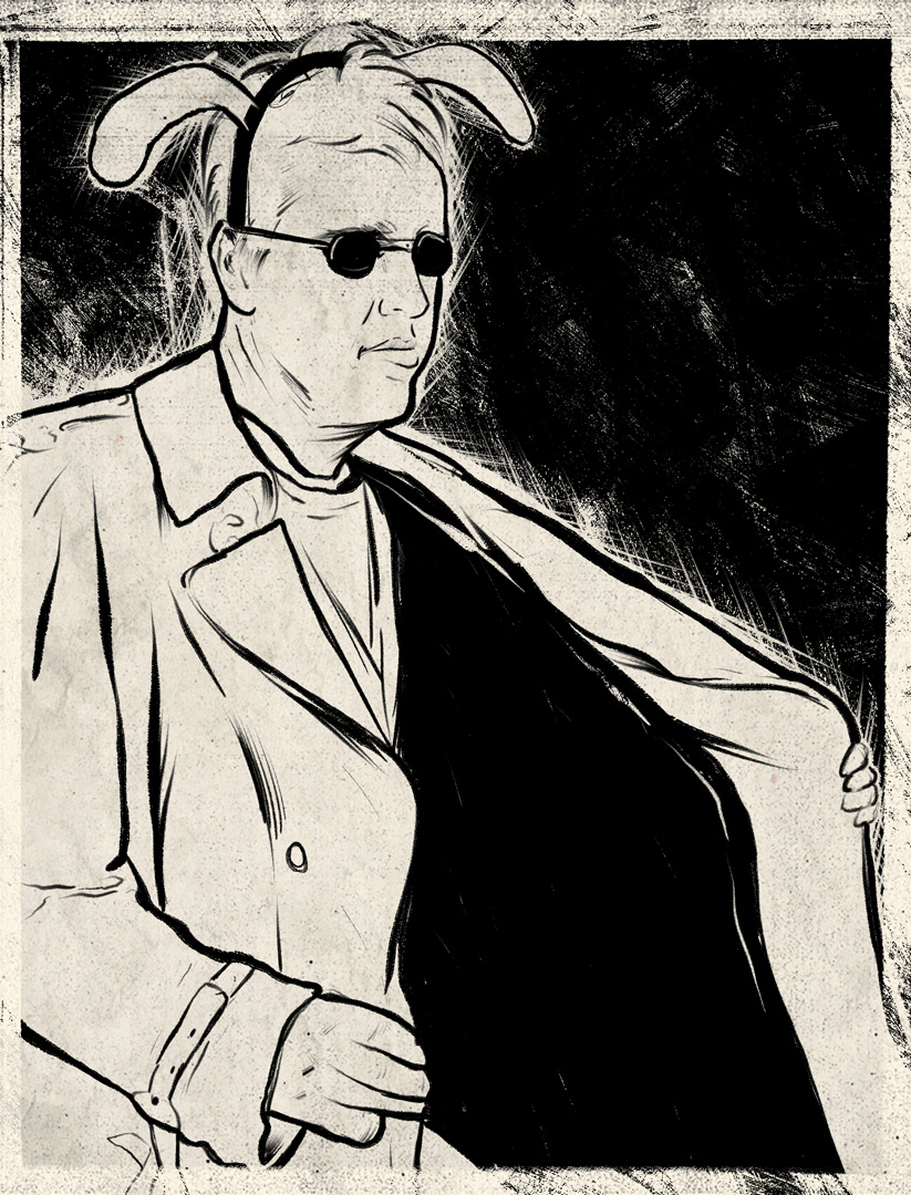 Sketchy illustration of a man wearing a long trench coat, a headband with bunny ears attached, and a pair of sunglasses with small circular frames. He is opening his jack just a bit with his left hand so you can see his clothes underneath.