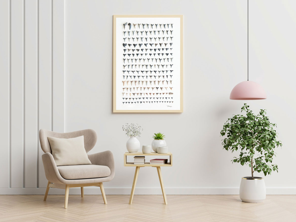 A horizontal image of a sitting area with light beige/gray walls in the center of the back wall is a large framed photo of 25 shark teeth in neatly lined rows and columns with a small cursive signature barely visible in the bottom right corner of the print. to the left of the frame is a half dome bubblegum pink lamp hanging from the ceiling by a golden wire above a small potted tree with green leaves and a rounded beige pot. The floors of the room are light brown wood laid in a zig zagging pattern. just under the picture frame is a small light brown, modern sitting table with stacks of books on one shelf and off-white pots of green plants on the top. To the left of the picture frame is a sitting chair with light beige cushions and light brown wooden legs. 