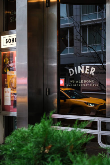 Image of the front glass window of the Soho x Whalebone diner. On the window is the word "DINER" curved like a rainbow. The entrance to the diner is to the left of the window separated by a metal pillar and a green bush is sitting in front of the window.