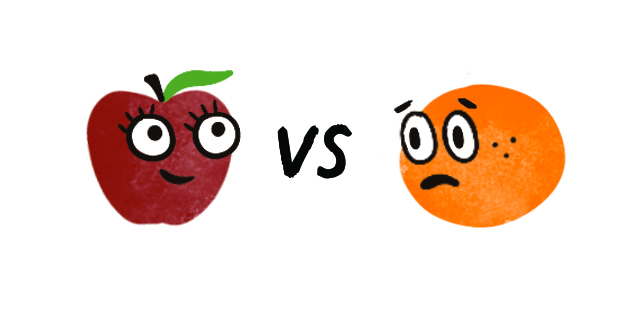 Cartoon illustration of an apple and orange. The apple on the left-hand side has a smiley face and the orange on the right-hand side has a frowning face.