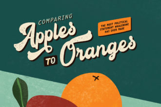 Illustrated typography that reads "Comparing apples to oranges" with an illustration of an apple and an orange on a green background.