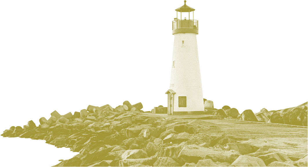 A cutout image of a lighthouse surrounded by rocks. A small path leads up to the lighthouse in between the piles on rocks. The photo has been edited to have a green and white colored overlay.