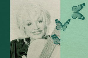 Dolly Parton posing with guitar and butterflies