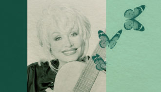 Dolly Parton posing with guitar and butterflies