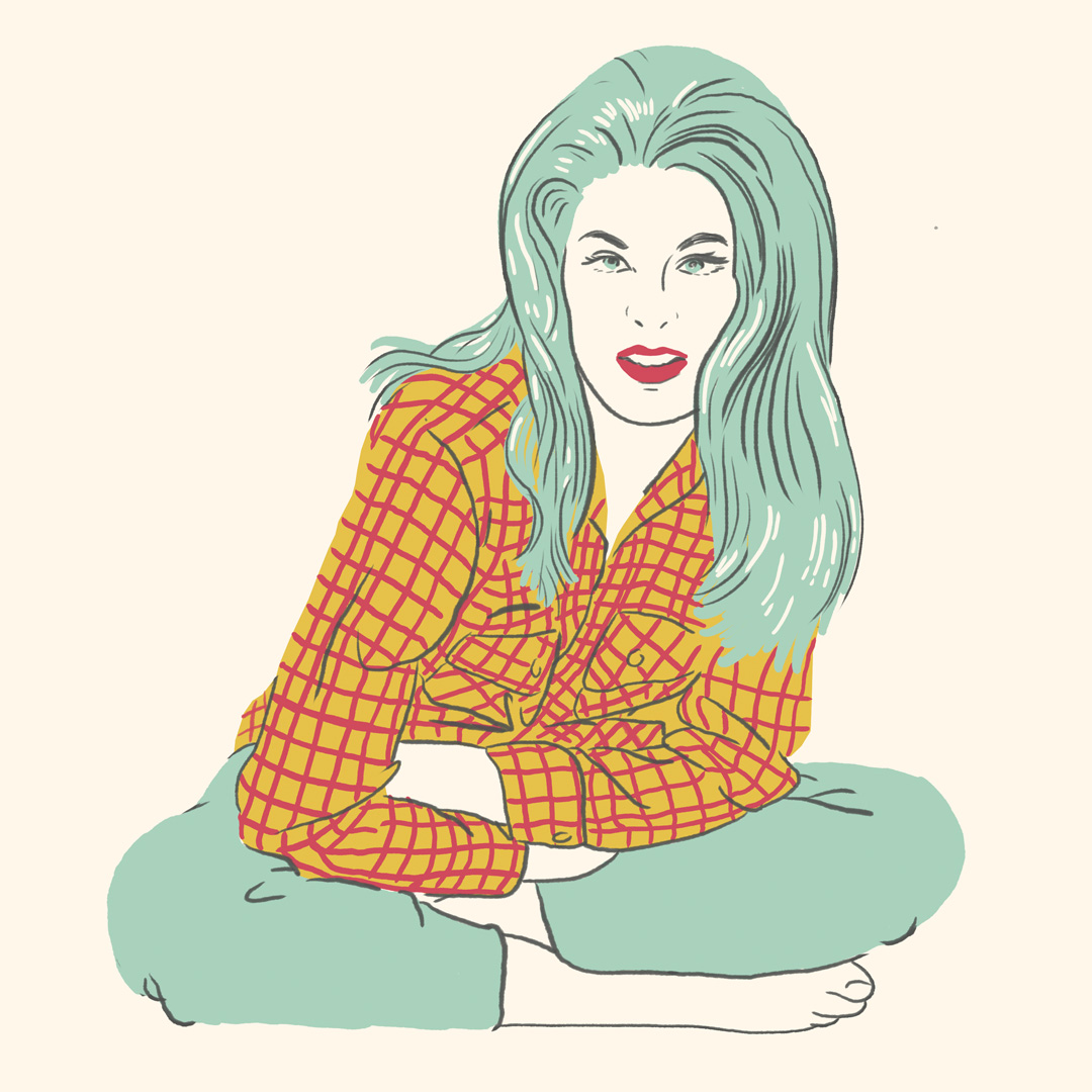 Illustration of Bobbie Gentry sitting cross-legged on the floor with her hands crossed across her chest. She's smiling stright towards the front. She has on green pants, a yellow and pink plaid long-sleeve shirt, and has green hair.