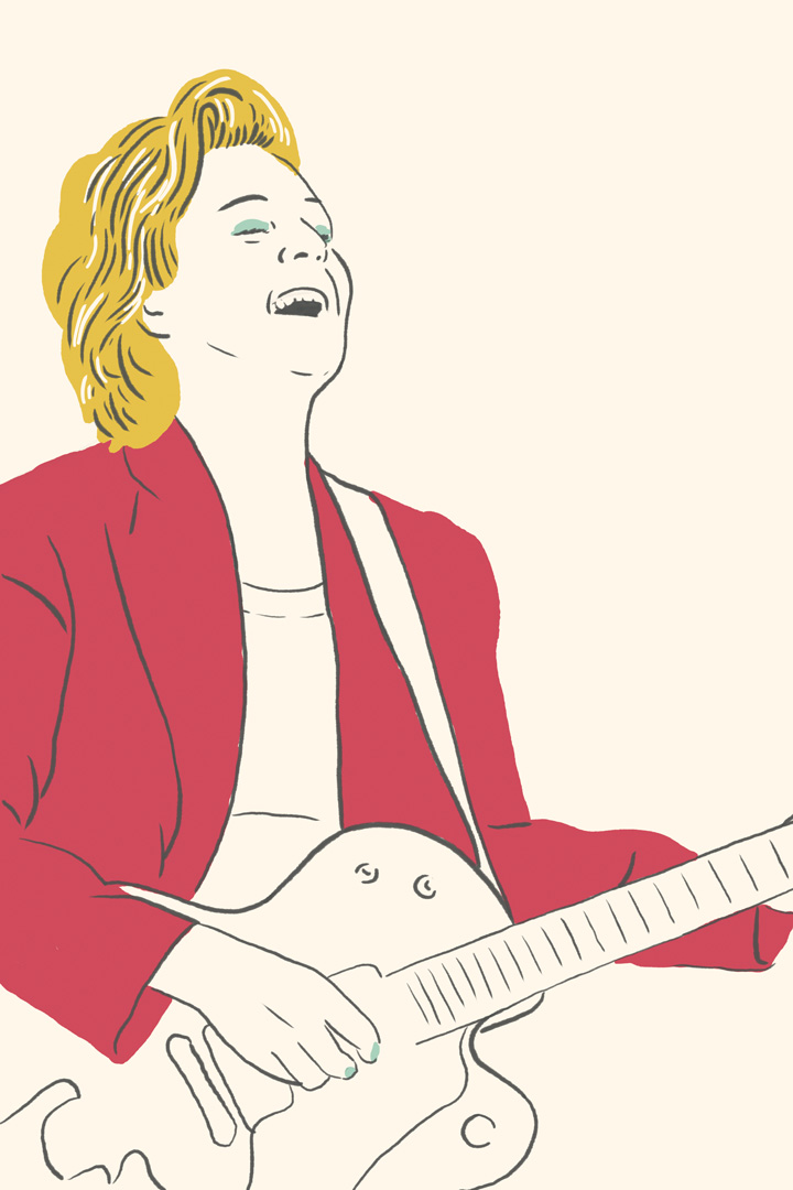 Illustration of singer Brandi Carlile open-mouthed smiling while standing and strumming on her electric guitar. Carlile is wearing a hot pink jacket, has yellow hair, and a tan guitar.