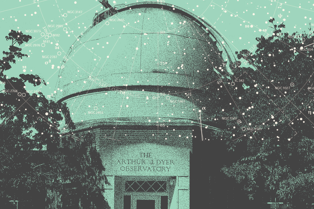 The Arthur J. Dyer Observatory tower in Brentwood, Tennessee. The observatory is nestled between a grove of trees and there is an edited overlay of a star chart at the top of the image. The picture has been edited with a seafoam colored overlay.