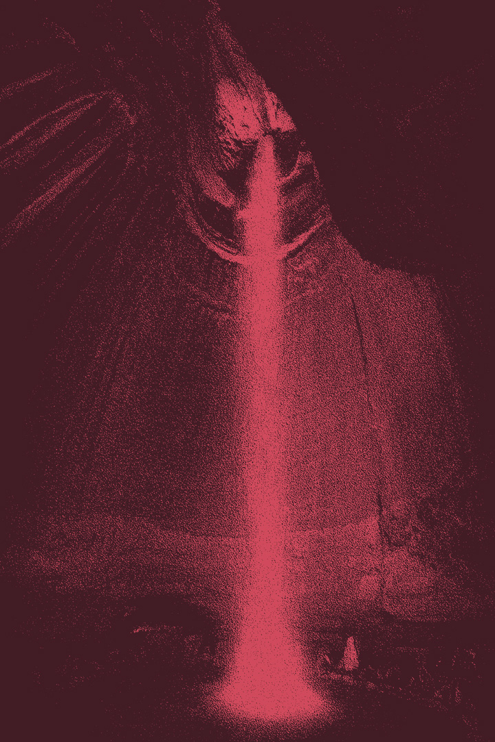 Ruby Falls in Chattanooga, Tennessee. This waterfall is very tall and skinny. It is pouring into the inside of a circular cavern to a small pool of water. The picture has been edited with a dark pink colored overlay.