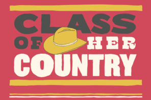 Illustrated typography of the words "Class of Her Country" on a hot pink background. In the middle of the words is an illustration of a cowboy hat.