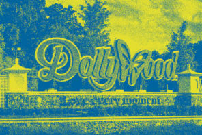 Dollywood welcome sign in blue and green halftone
