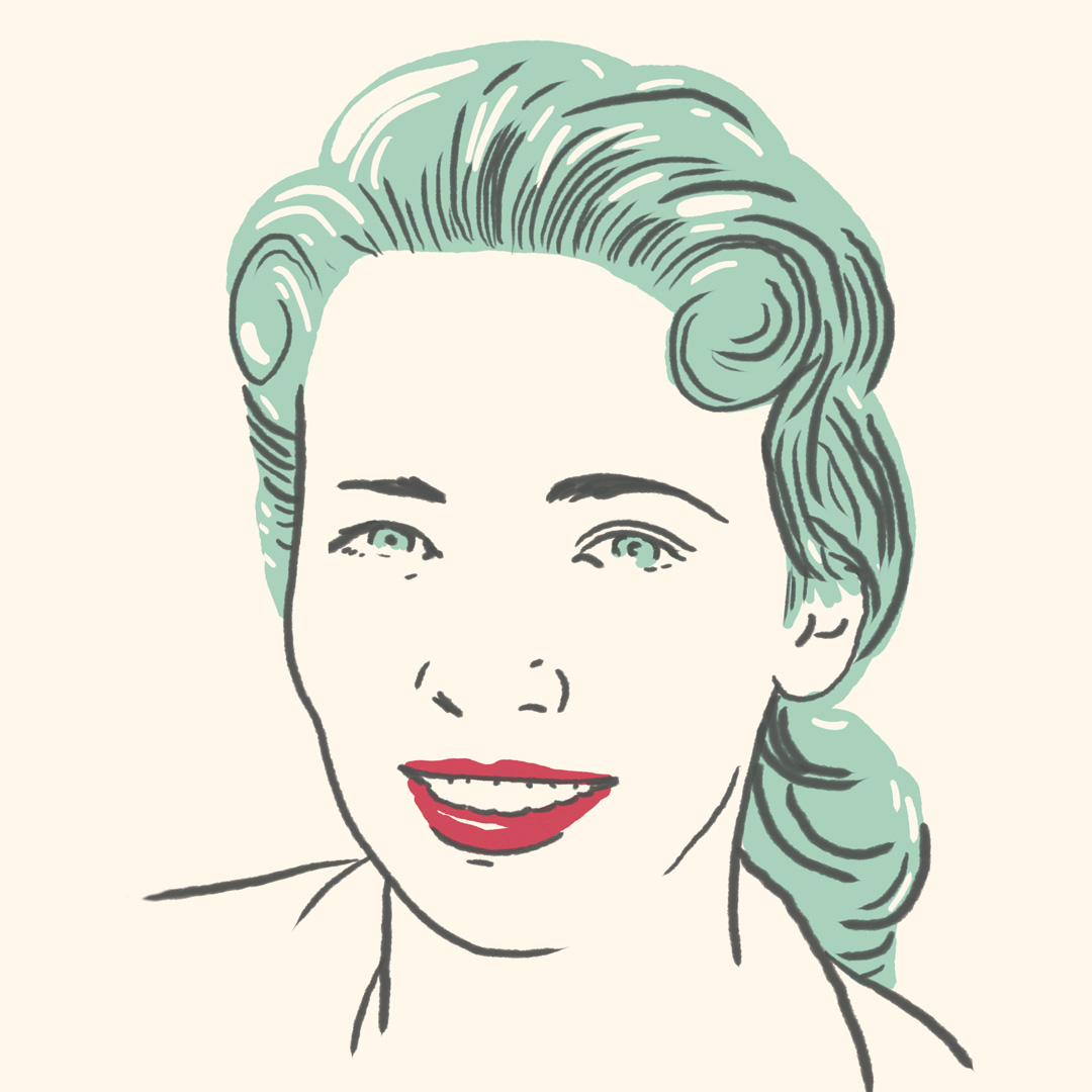Illustration of a portrait of June Carter Cash with her smiling. She has her hair in a curly pony-tail and it's colored green.