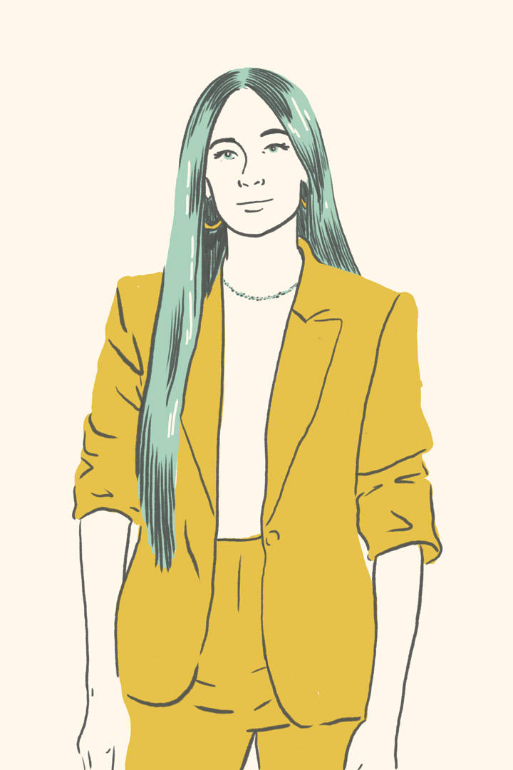 Illustration of Kacey Musgraves standing straight with a small smile on her face. She's wearing a matching yellow pant suit and has green-colored hair.