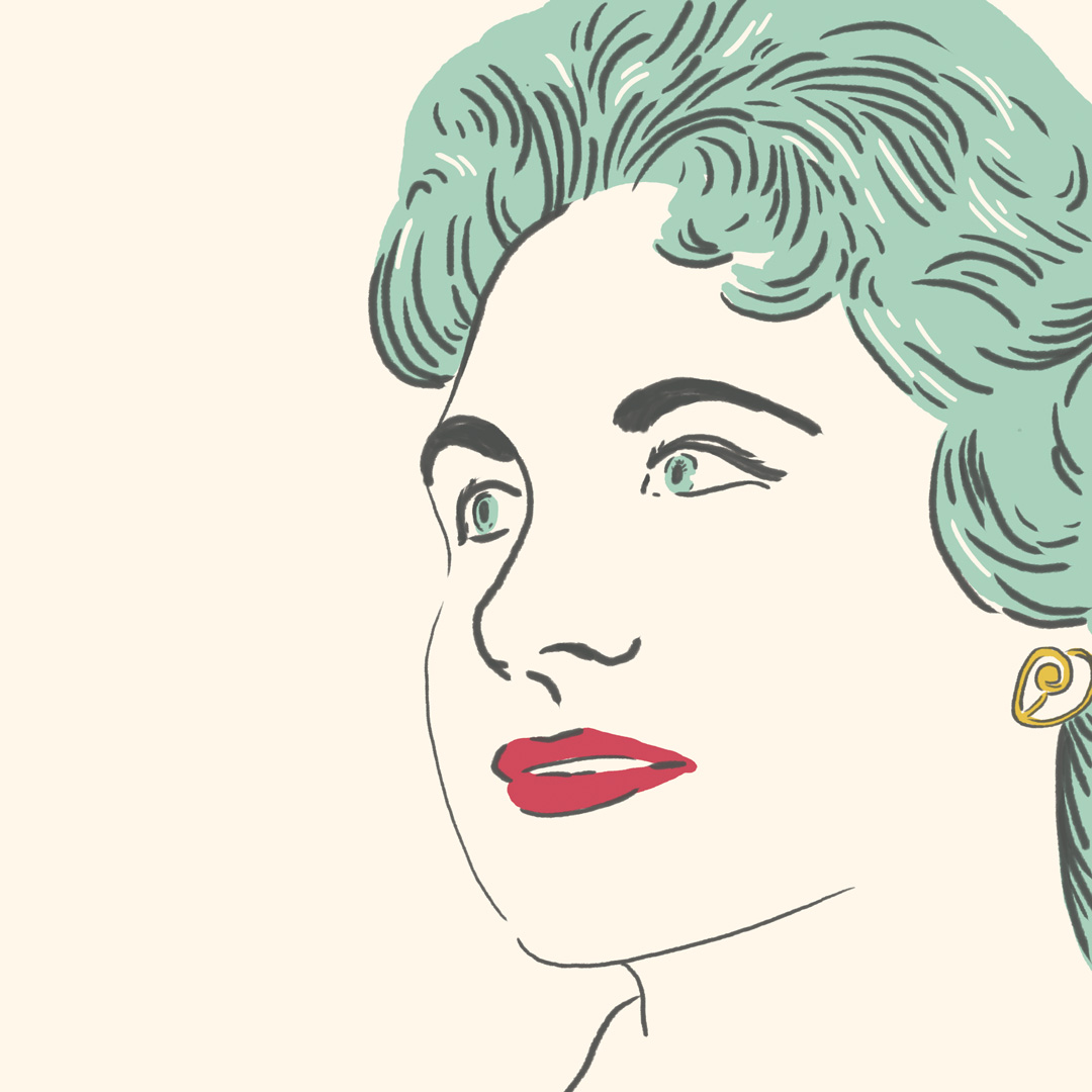 Illustration of Kitty Wells smiling and staring off towards the right into the distance. She is illustrated with green hair and pink lips.