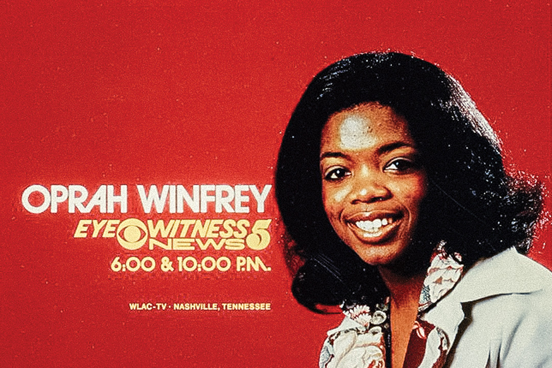 An ad for Oprah Winfrey on Eye Witness News 5 show. The ads reads that the show airs at 6 and 10PM on WLAC TV in Nashville, Tennessee. There is a portrait of Oprah on a bright red background.