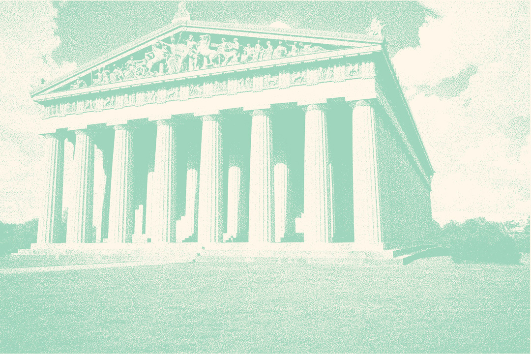 The Parthenon of Nashville. This building is in Greek style; it is lined with columns on all sides and at the very top is an elaborate frieze with many intricate sculptures. The picture has been edited with a seafoam colored overlay.