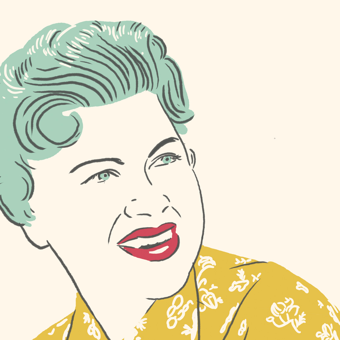 Illustration of a portrait of Patsy Cline smiling. She is wearing a yellow floral top and has green colored hair.
