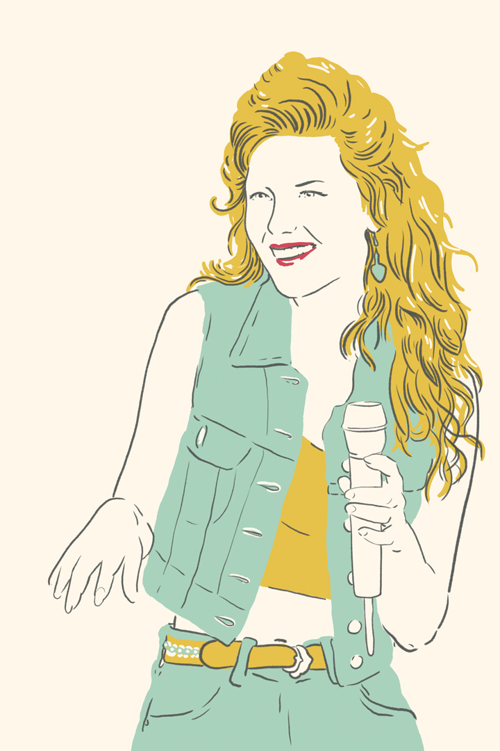 Illustration of Shania twain smiling and holding a microphone in her left hand with her other held up by her side. She is wearing green pants, a yellow belt, yellow crop top, green denim short-sleeve jacket, and has yellow hair.