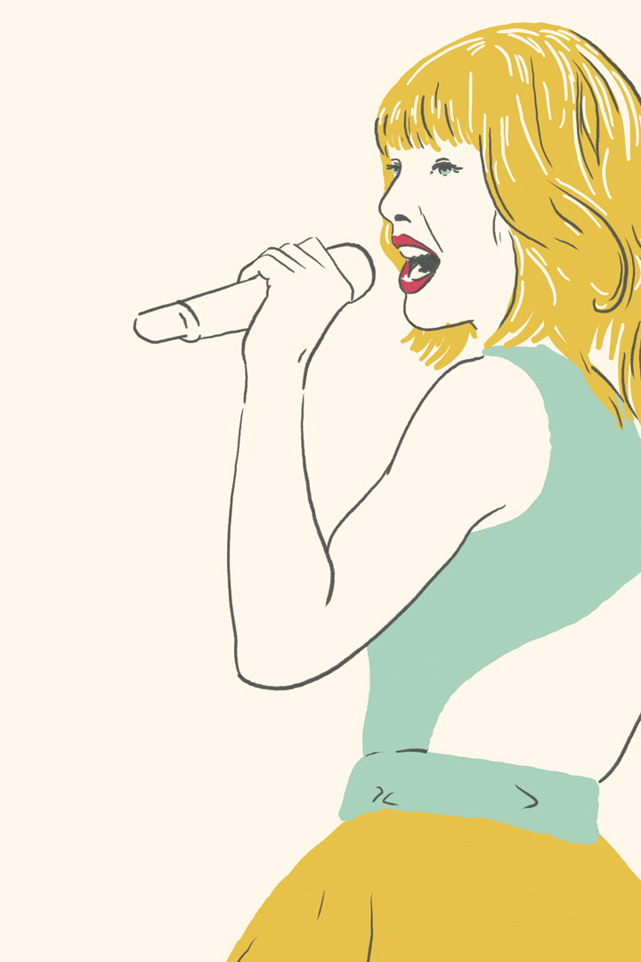 Illustration of Taylor Swift holding a microphone to her mouth singing. She's wearing a yellow skirt and a green top with a cut-out back. She has short, yellow hair with bangs and is wearing her iconic red lipstick.