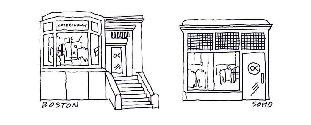 Line art drawings of the facades of the two new locations for Outerknown.