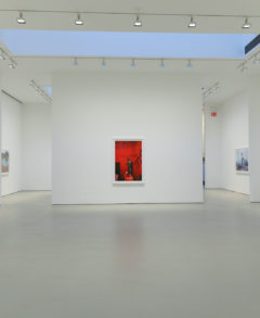 Horizontal feature image of a large room with white walls and a light gray floor. There are rectangular skylights spanning the ceiling from right to left and in-between each skylight is a row of small spotlights. the wall in front of the camera has a singular bright red vertical photograph hanging on it and paths to the rest of the gallery room are on either side. The walls to the left and right of the image each have a single photograph hanging on them.
