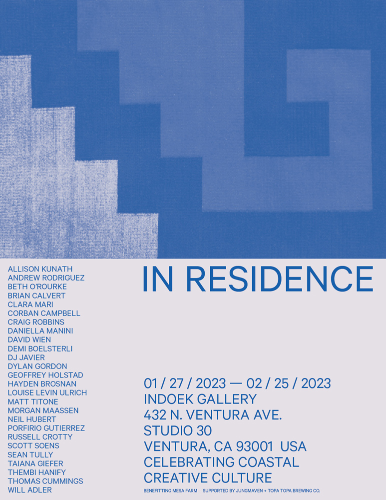 A light gray event flyer with an image on the top half of the page of a piece of abstract indigo blue artwork being featured in the event. The artwork is of zig-zagged blocks. The lower half of the page has a vertical list of names to the left in all capital letters, a large title in all capital letters below the image as well as a small paragraph in all capital letters at the bottom.