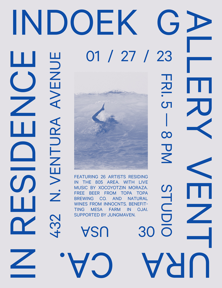 A light gray event flyer with all capital indigo blue lettering circling around the edges. There is a small vertical photo with a light indigo blue filter on it in the center of the page of a person diving into a wave with their foot sticking out of the water as the wave crests. A small paragraph is below the photo. 