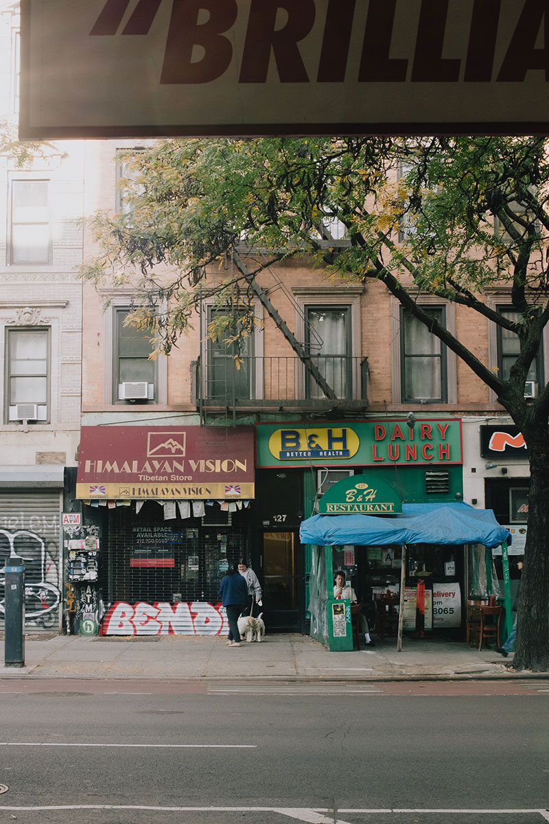 A street in New York with two businesses, one with a dark red awning and the other with a jade green awning side by side under a faded brick apartment building.