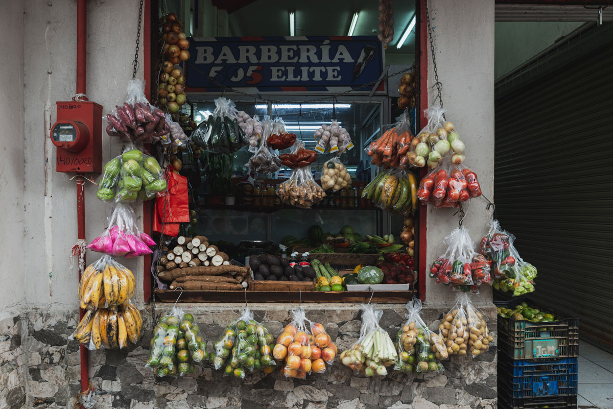 Image of fruit hanging off wall in bags, framing the window of a market booth. Inside are bins full of produce.