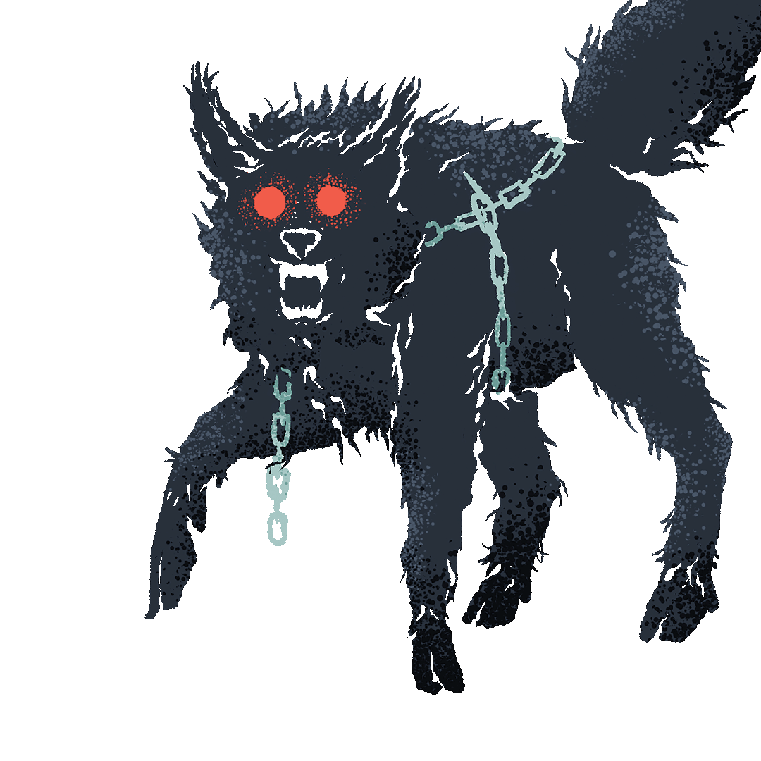 Illustration of a wolf-like animal with black shaggy hair, feet that look like hoofs, sharp teeth, and red glowing eyes. The animal ha s a light blue-colored chain wrapped around its body.