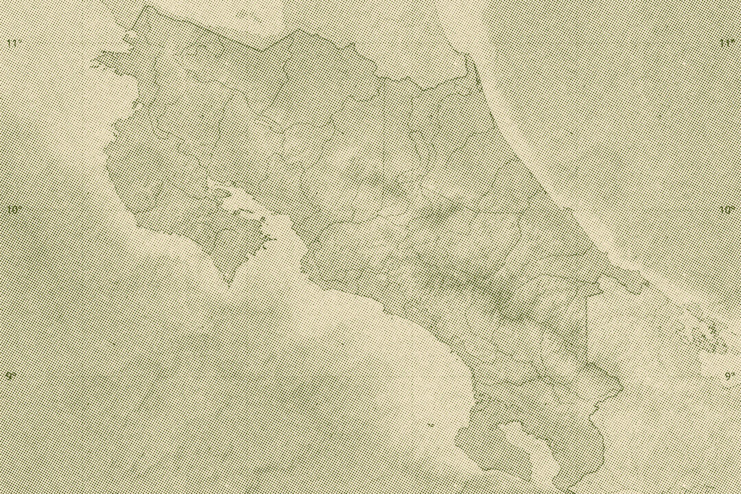 A map of Costa Rica that shows all the territories. The map has been edited to a cream and green color that has halftone dots across it.