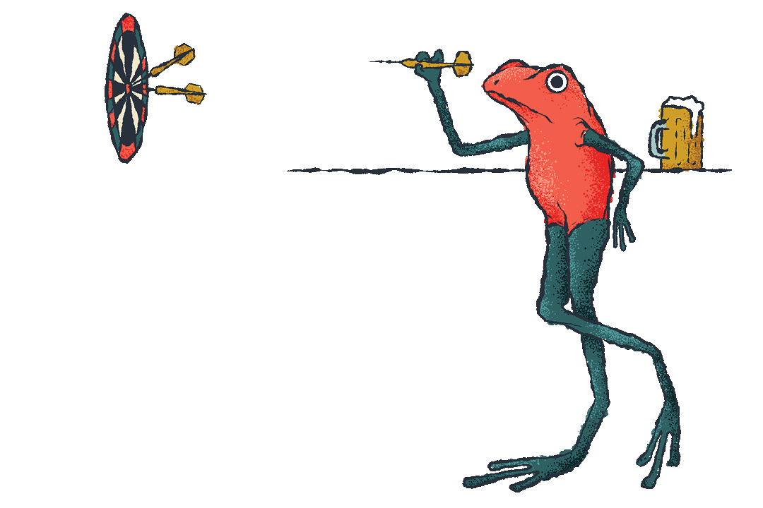 Illustration of a red and blue frog standing up leaning against a bar. The bar has a mug of beer on it and the frog is throwing darts towards a dart board on the left.