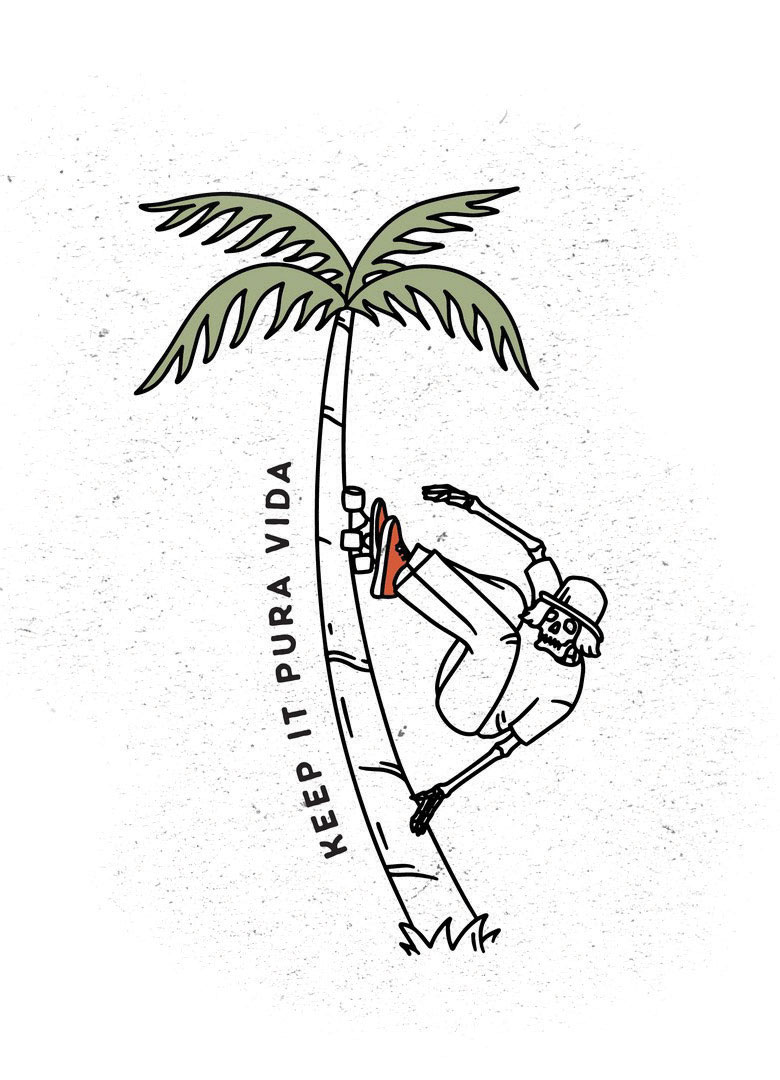 "keep it pura vida" graphic of palm tree and skateboarding skeleton. 