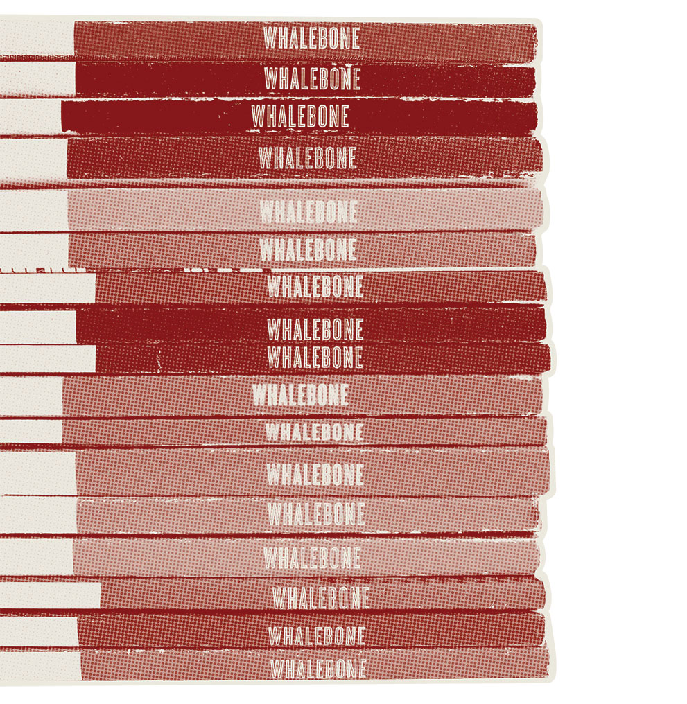 cutout of a stack of 17 Whalebone magazines with the top quarter of the colored spines with the word "WHALEBONE" in white visible. The cutout is overlayed in a light red coloring. 