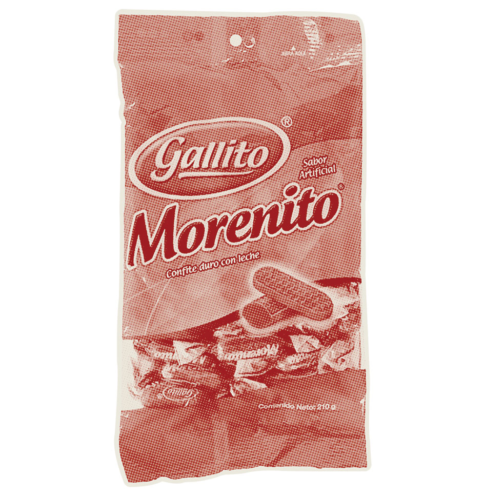 Cutout of a plastic bag of Morenitos, an individually wrapped caramel-like candy commonly eaten in Costa Rica. The lettering is in Spanish. The bag is overlayed in a light red coloring. 