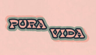 Illustrated typography of the words "Pura Vida" in a handwritten font. The words are colored a light pink color and have different colored outlines around the edge of the letters. The words are on a light pink background.